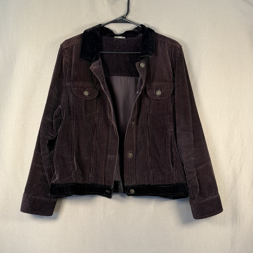 Y2K J.Jill Corduroy Jacket Velvet Trim Trucker Style Brown/Plum Black LP